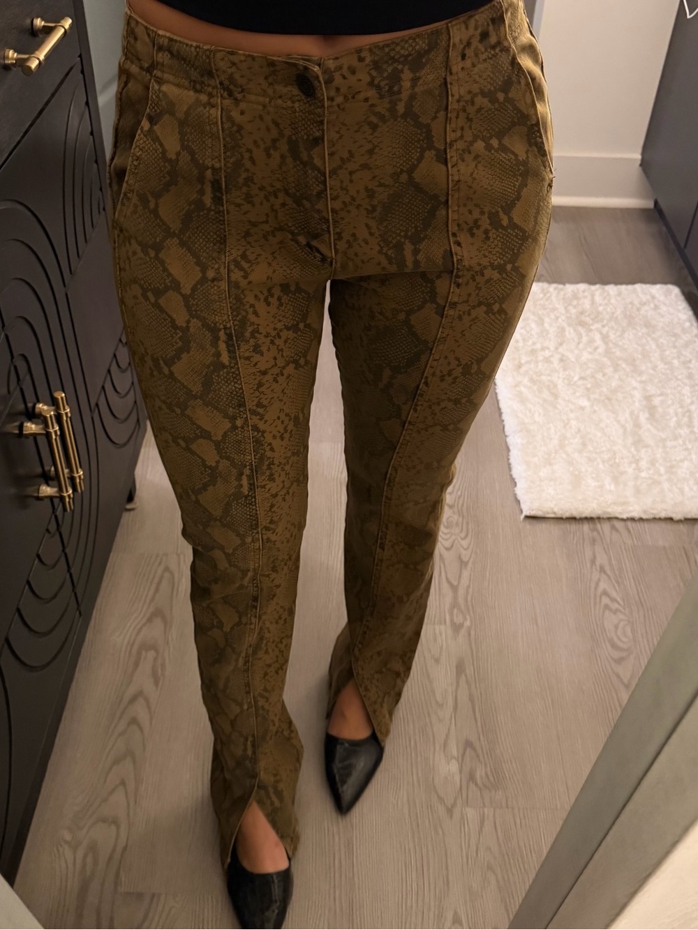 Olive Snake-Print Slim Leg Pants